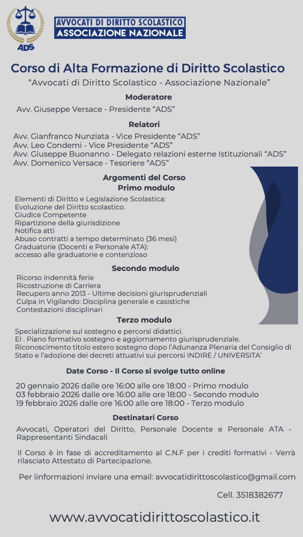 CONCLUSA LA SECONDA EDIZIONE DEL CORSO DI ALTA FORMAZIONE IN DIRITTO SCOLASTICO